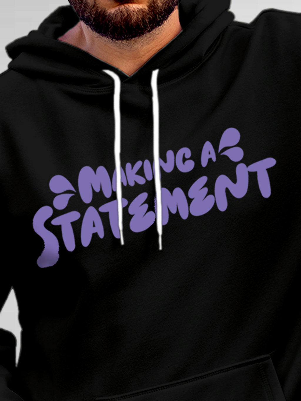 Close up of 'Making A Statement' design on Men's Black Hoodie Sweatshirt, highlighting intricate details and vibrant print.