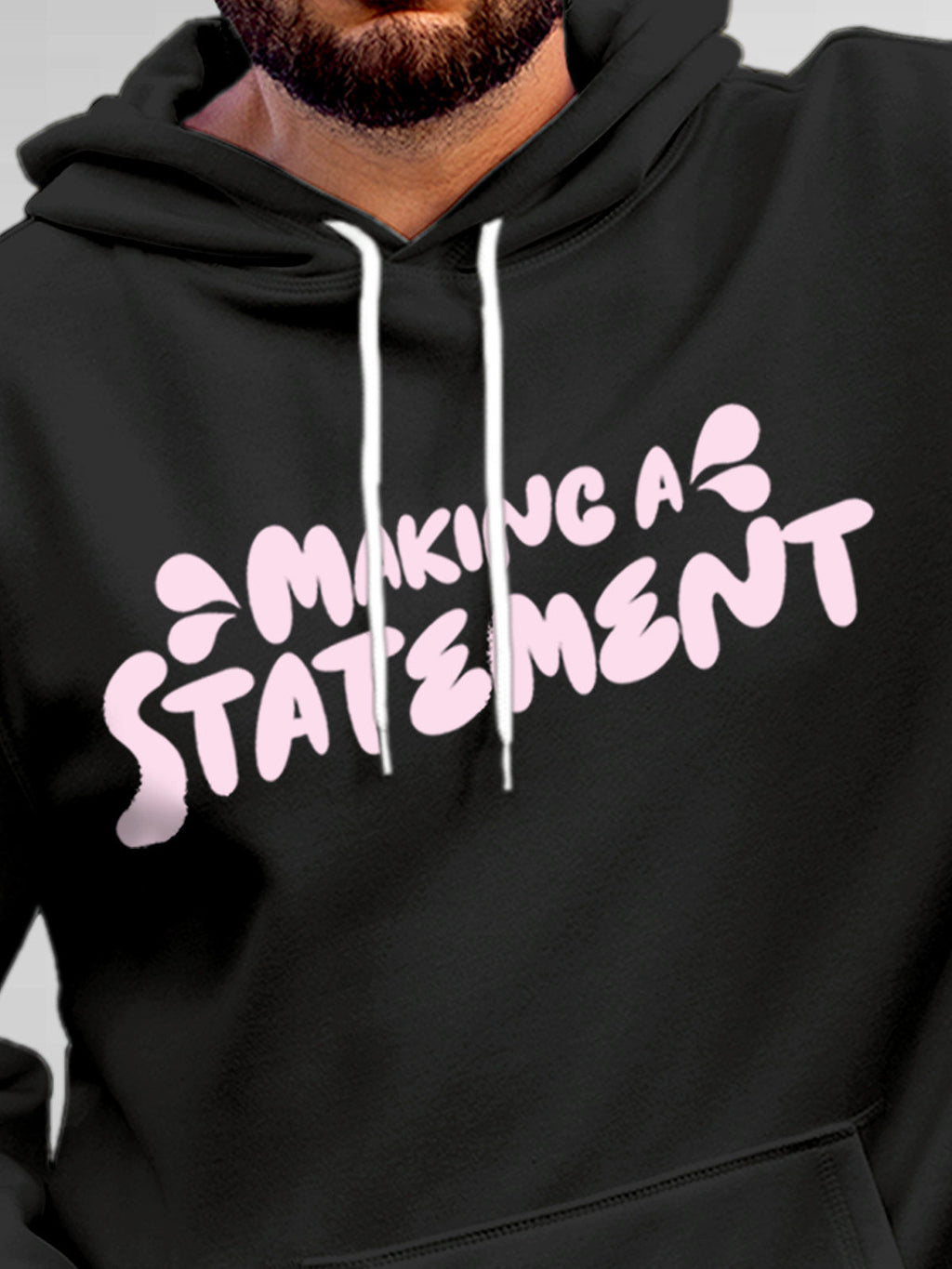 Close up of 'Making A Statement' design on Men's Dark Grey Hoodie Sweatshirt, highlighting intricate details and vibrant print.