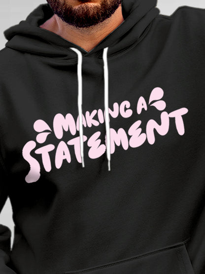 Close up of 'Making A Statement' design on Men's Dark Grey Hoodie Sweatshirt, highlighting intricate details and vibrant print.