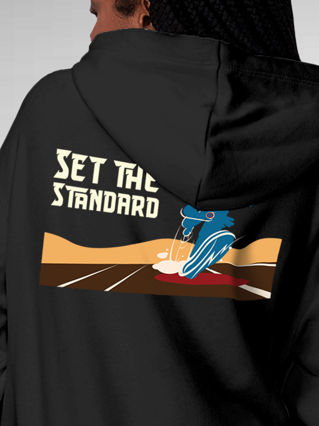 Close up of 'Raise The Bar' design on Women's Dark Grey Hoodie Sweatshirt, highlighting intricate details and vibrant print.