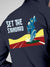 Close up of 'Raise The Bar' design on Men's Navy Blue Hoodie Sweatshirt, highlighting intricate details and vibrant print.