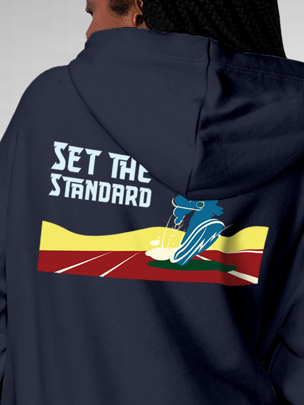 Close up of 'Raise The Bar' design on Women's Navy Blue Hoodie Sweatshirt, highlighting intricate details and vibrant print.