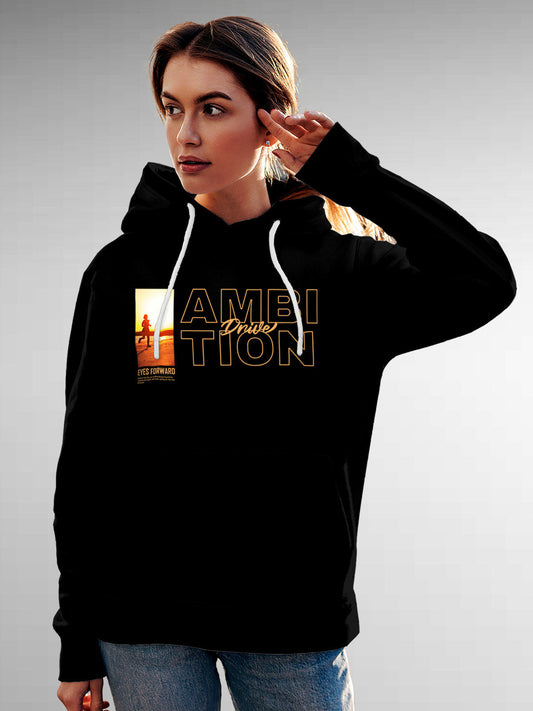 Model wearing Women's Black Hoodie Sweatshirt with 'Ambition & Drive' design, offering effortless style and premium comfort