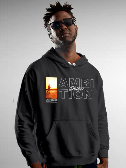 Model wearing Men's Dark Grey Hoodie Sweatshirt with 'Ambition & Drive' design, offering effortless style and premium comfort