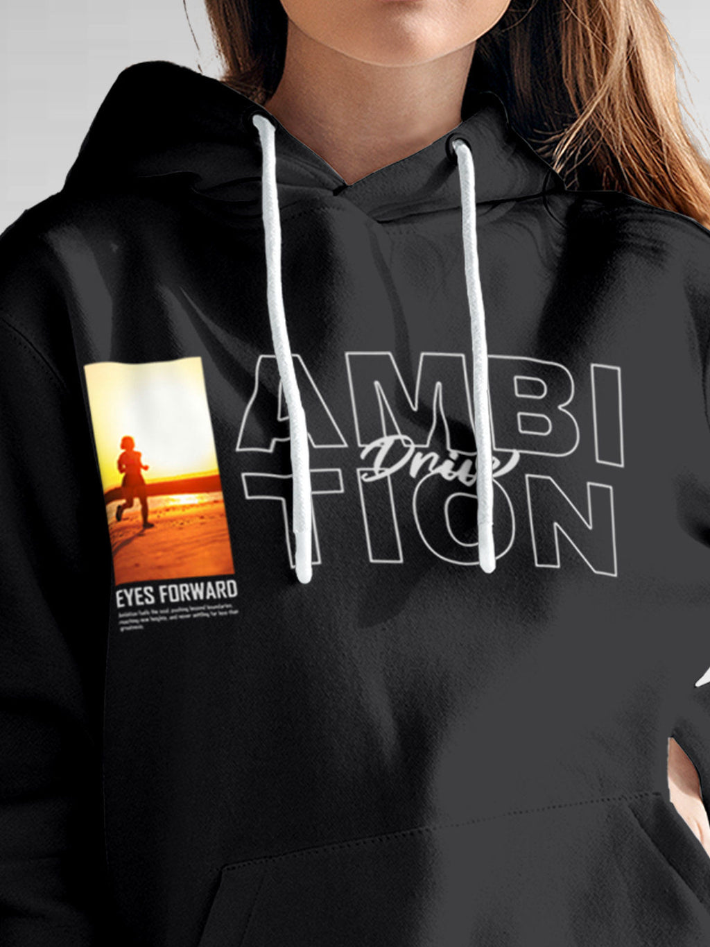 Close up of 'Ambition & Drive' design on Women's Dark Grey Hoodie Sweatshirt, highlighting intricate details and vibrant print.