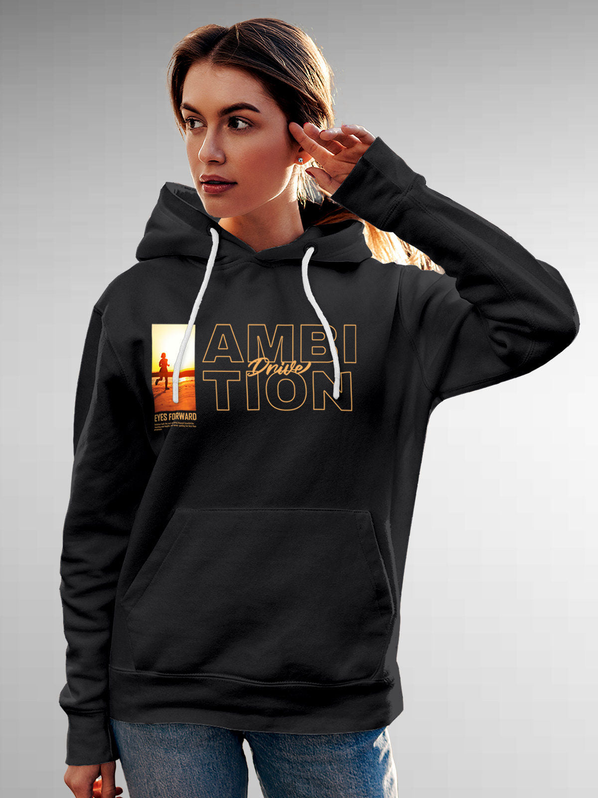 Model wearing Women's Dark Grey Hoodie Sweatshirt with 'Ambition & Drive' design, offering effortless style and premium comfort