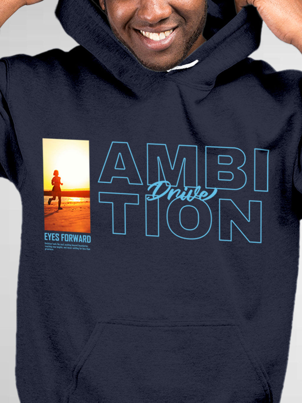 Close up of 'Ambition & Drive' design on Men's Navy Blue Hoodie Sweatshirt, highlighting intricate details and vibrant print.
