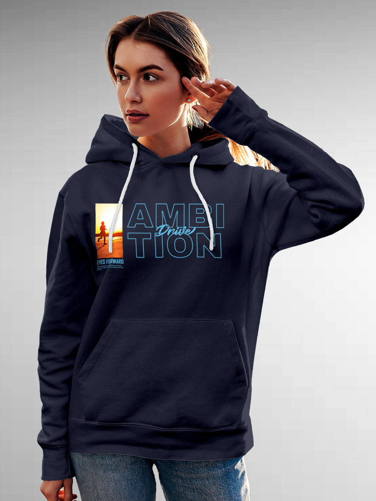 Model wearing Women's Navy Blue Hoodie Sweatshirt with 'Ambition & Drive' design, offering effortless style and premium comfort