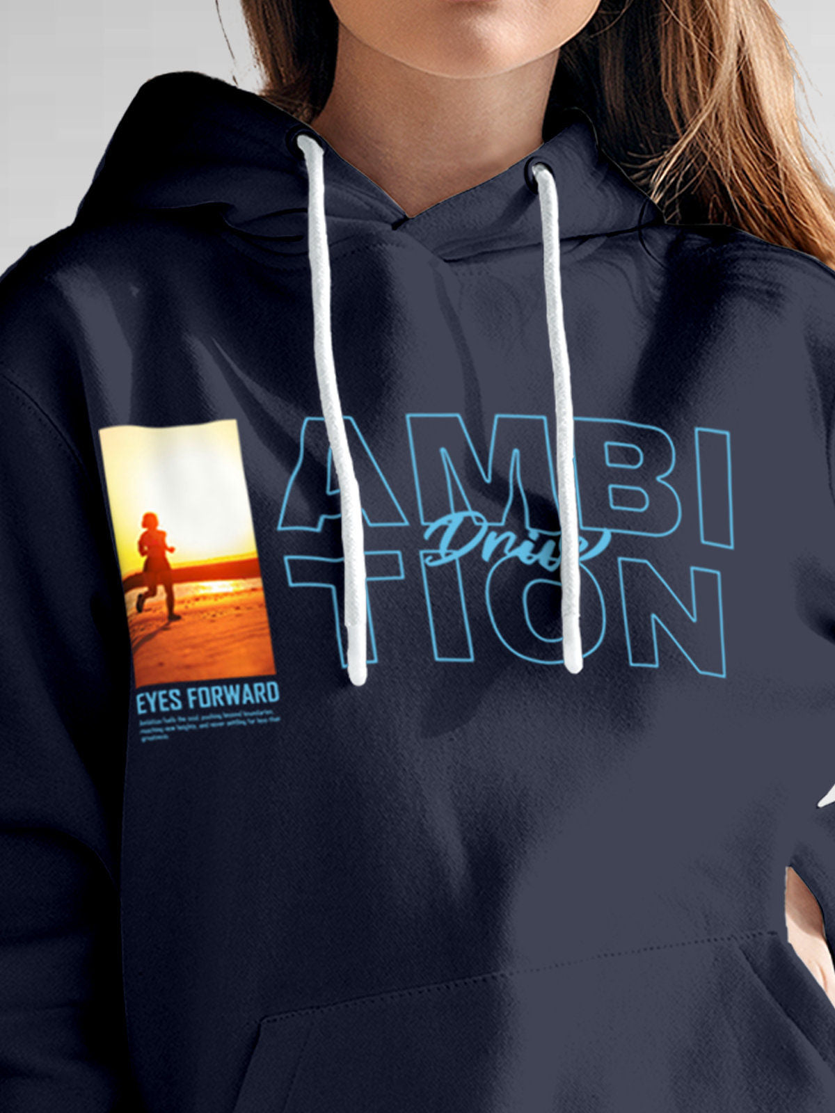 Close up of 'Ambition & Drive' design on Women's Navy Blue Hoodie Sweatshirt, highlighting intricate details and vibrant print.