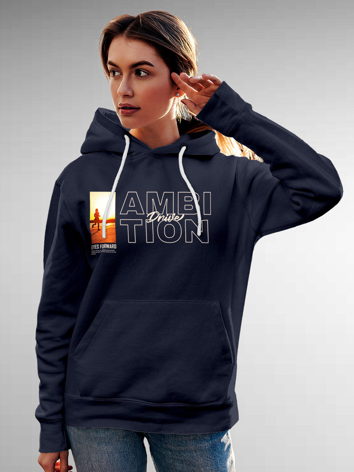Model wearing Women's Navy Blue Hoodie Sweatshirt with 'Ambition & Drive' design, offering effortless style and premium comfort