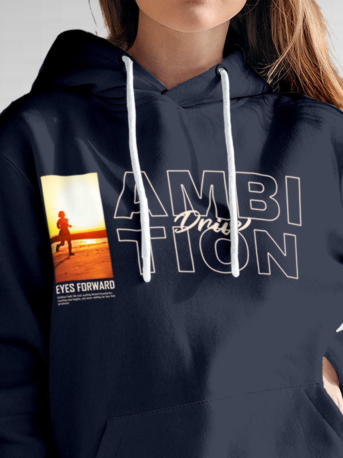 Close up of 'Ambition & Drive' design on Women's Navy Blue Hoodie Sweatshirt, highlighting intricate details and vibrant print.