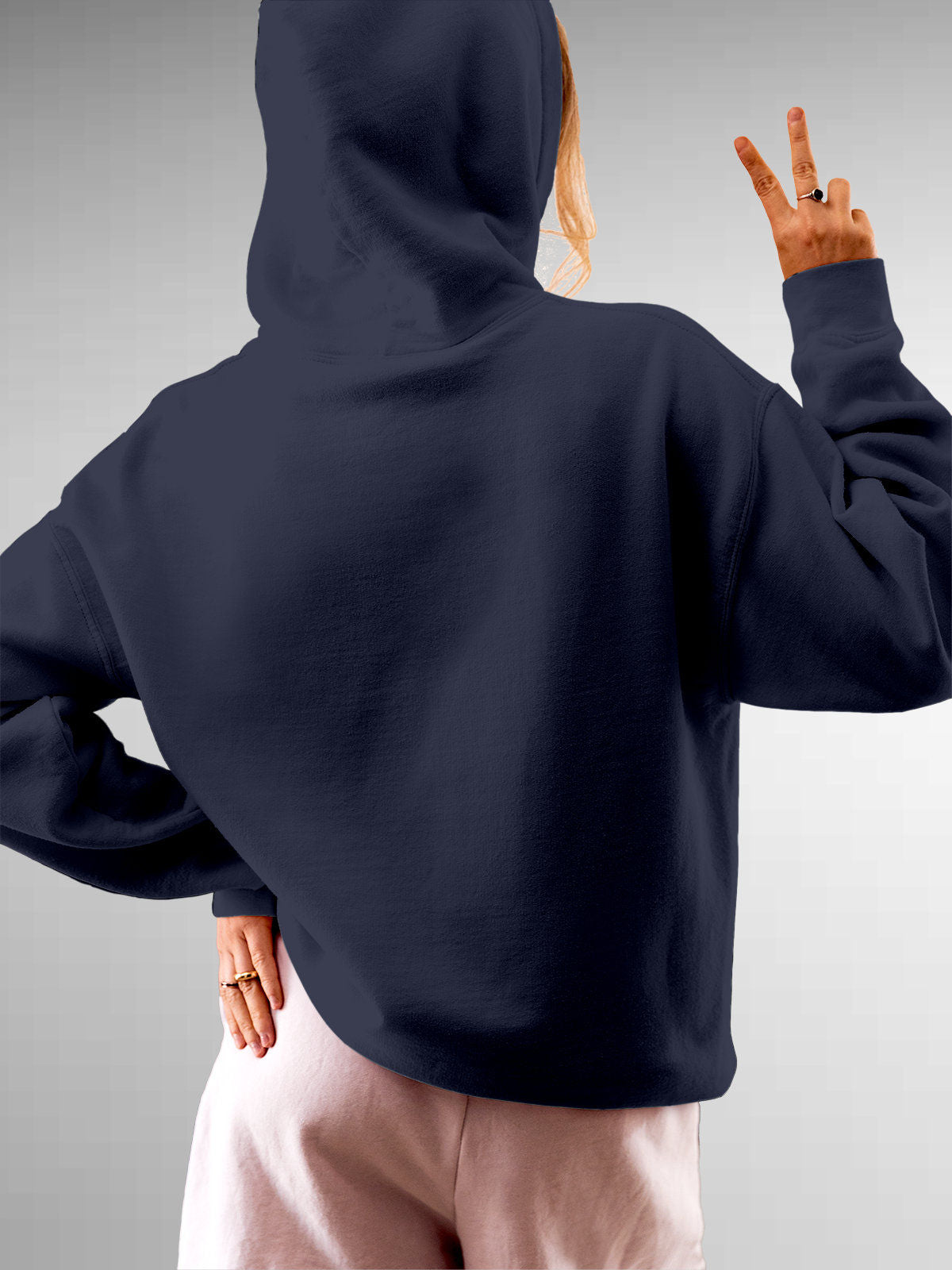 Back view of Fighterhero Women's Navy Blue Hoodie Sweatshirt, highlighting the modern look and clean finish