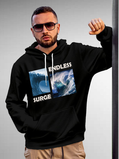 Model wearing Men's Black Hoodie Sweatshirt with 'Endless Surge' design, offering effortless style and premium comfort