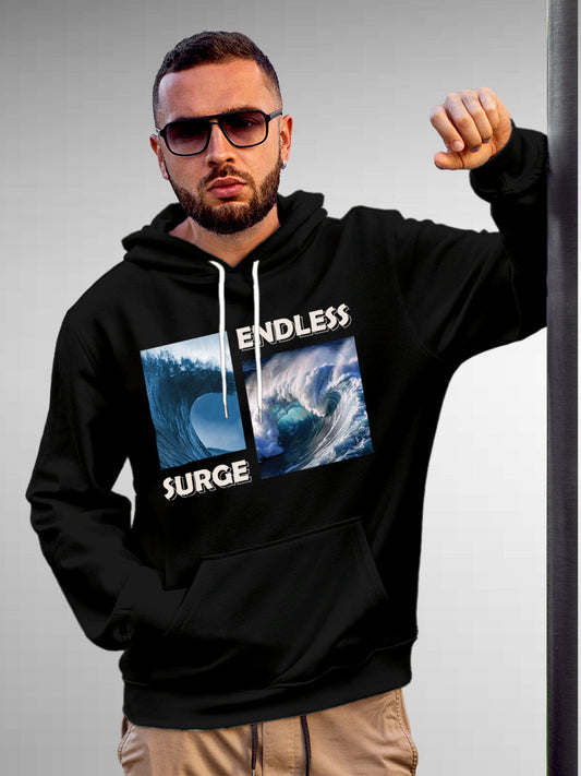 Model wearing Men's Black Hoodie Sweatshirt with 'Endless Surge' design, offering effortless style and premium comfort