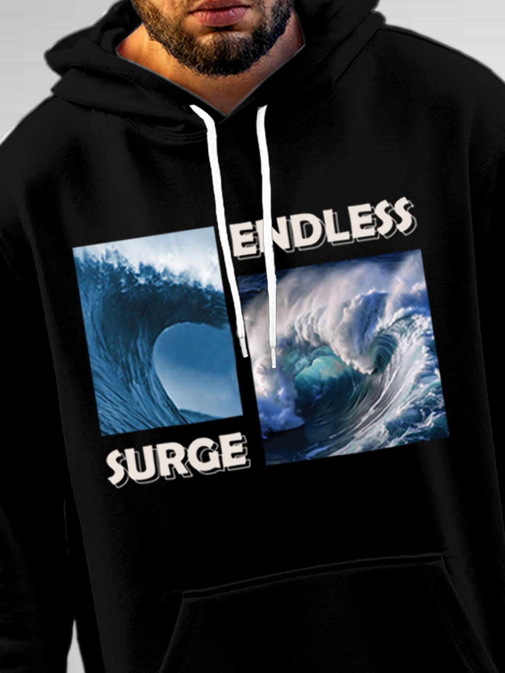 Close up of 'Endless Surge' design on Men's Black Hoodie Sweatshirt, highlighting intricate details and vibrant print.