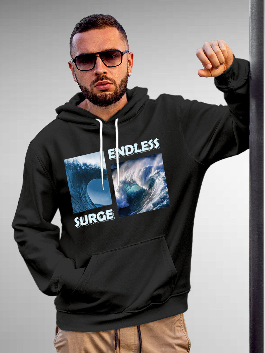 Model wearing Men's Dark Grey Hoodie Sweatshirt with 'Endless Surge' design, offering effortless style and premium comfort