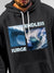 Close up of 'Endless Surge' design on Men's Dark Grey Hoodie Sweatshirt, highlighting intricate details and vibrant print.