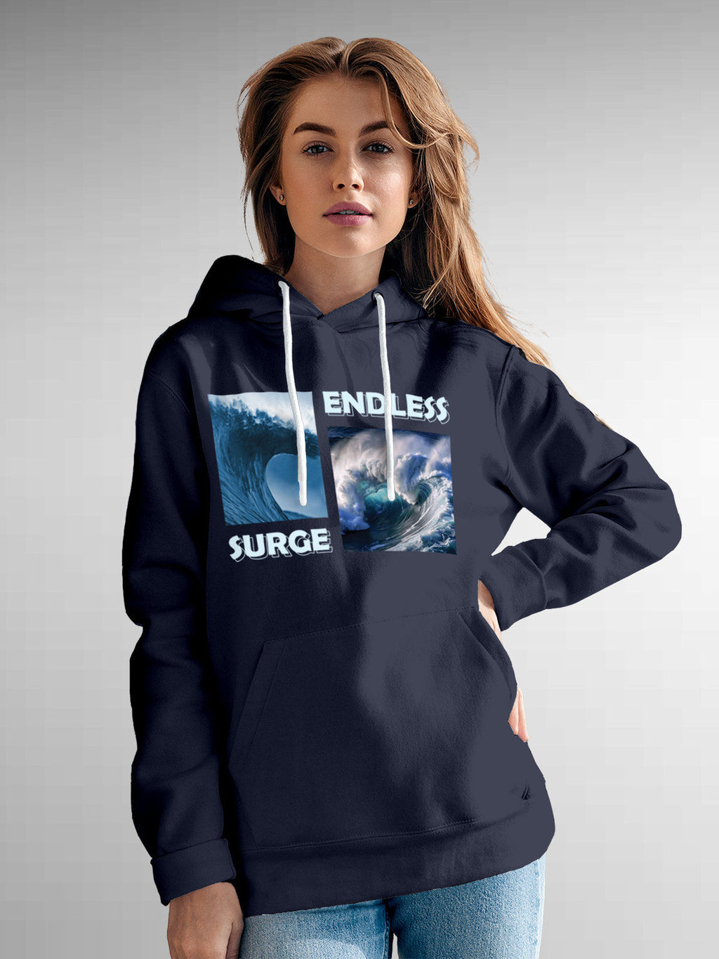 Model wearing Women's Navy Blue Hoodie Sweatshirt with 'Endless Surge' design, offering effortless style and premium comfort