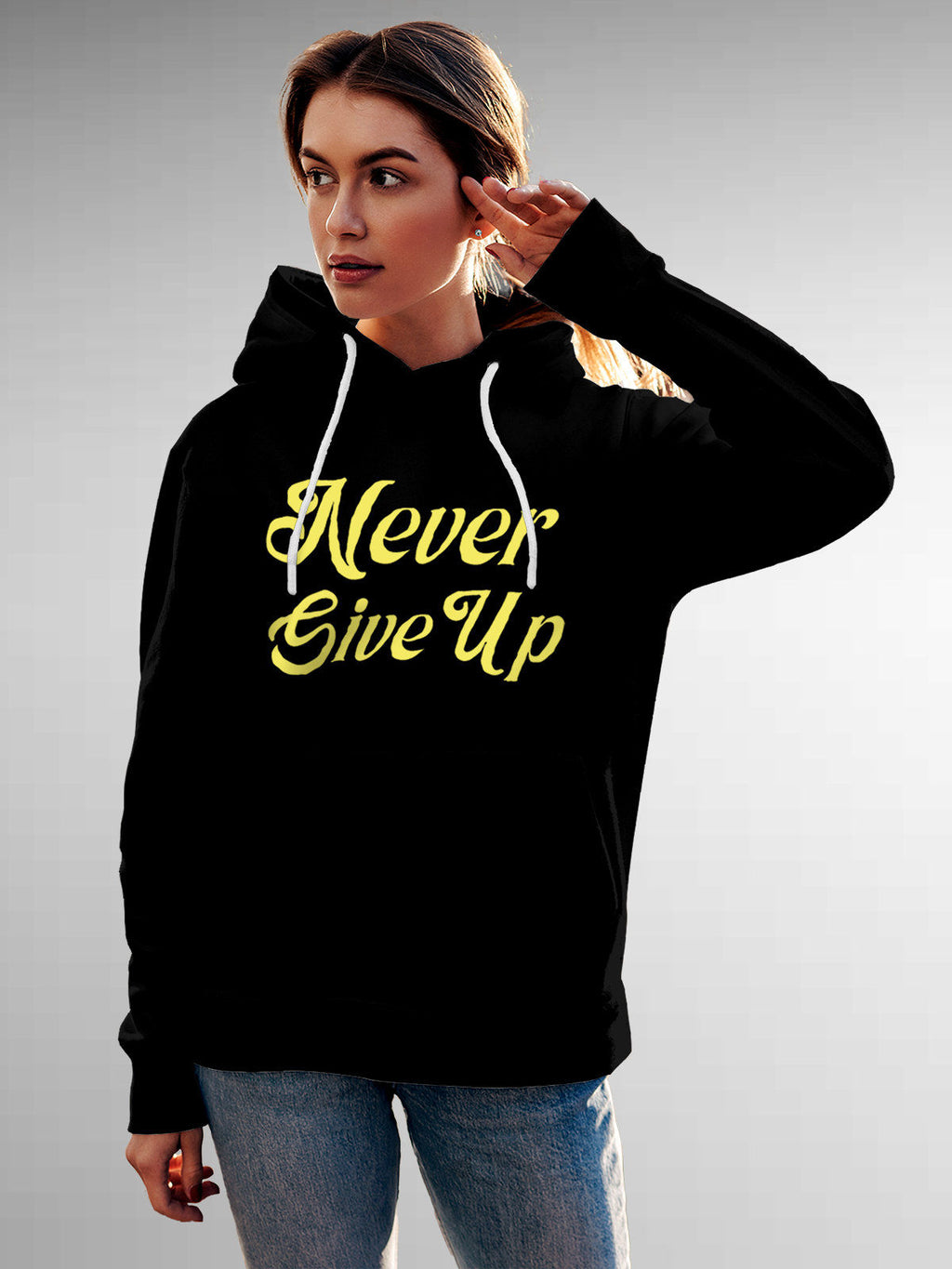 Front view of Fighterhero Women's Black Hoodie Sweatshirt, highlighting the modern look and clean finish