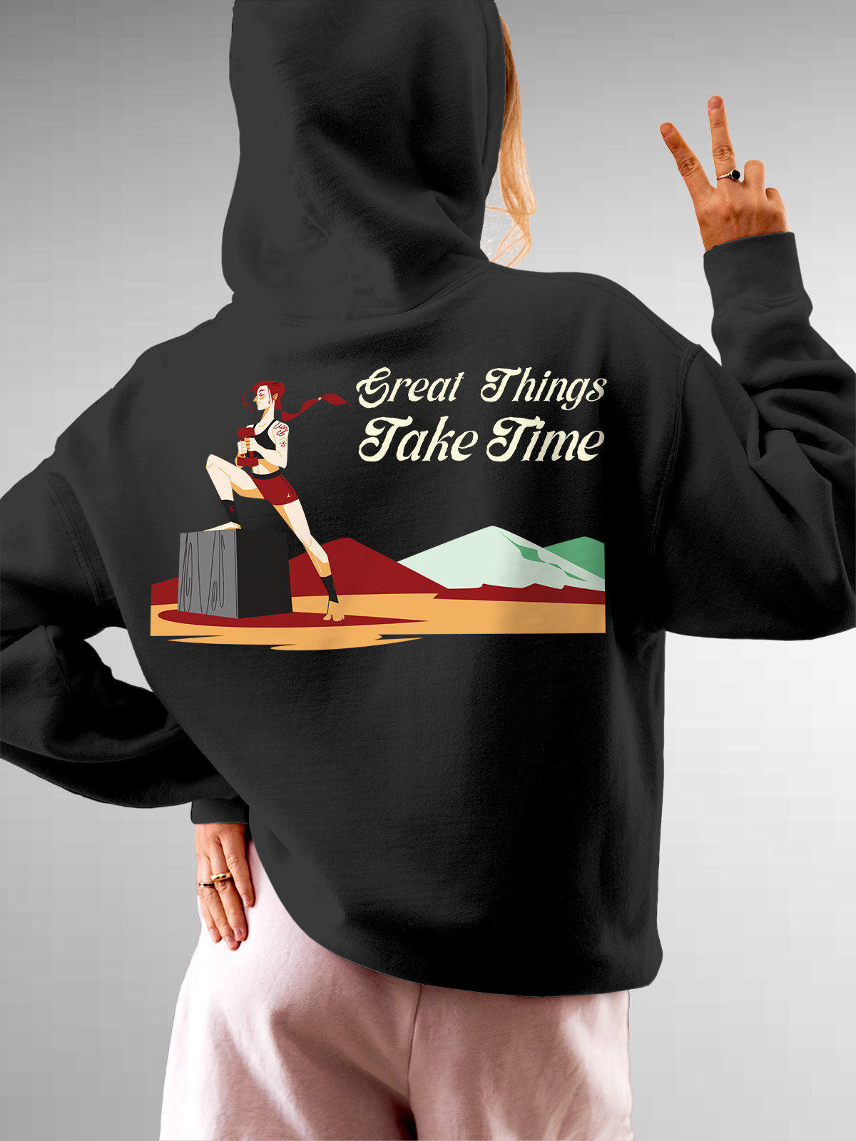 Model wearing Women's Dark Grey Hoodie Sweatshirt with 'Never Give Up' design, offering effortless style and premium comfort