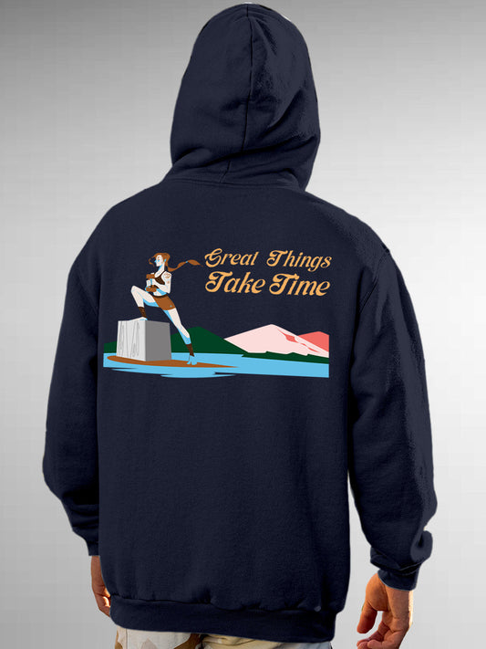Model wearing Men's Navy Blue Hoodie Sweatshirt with 'Never Give Up' design, offering effortless style and premium comfort