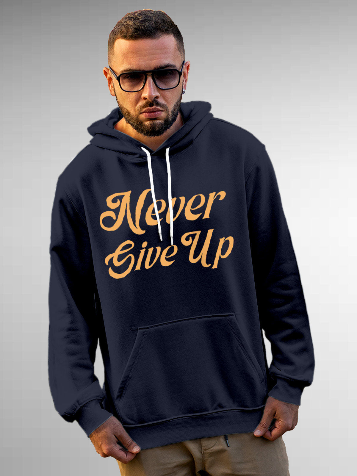 Front view of Fighterhero Men's Navy Blue Hoodie Sweatshirt, highlighting the modern look and clean finish