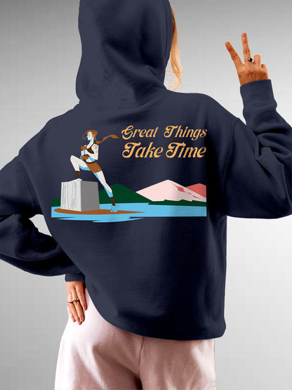 Model wearing Women's Navy Blue Hoodie Sweatshirt with 'Never Give Up' design, offering effortless style and premium comfort