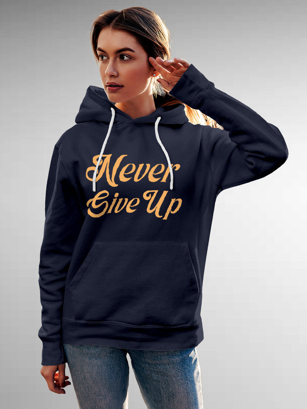 Front view of Fighterhero Women's Navy Blue Hoodie Sweatshirt, highlighting the modern look and clean finish