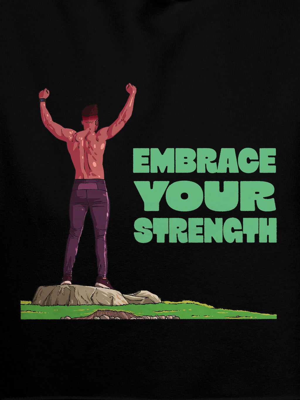 Close up of 'Embrace Your Strength' design on Men's Black Hoodie Sweatshirt, highlighting intricate details and vibrant print.