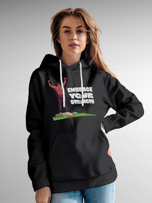 Model wearing Women's Dark Grey Hoodie Sweatshirt with 'Embrace Your Strength' design, offering effortless style and premium comfort