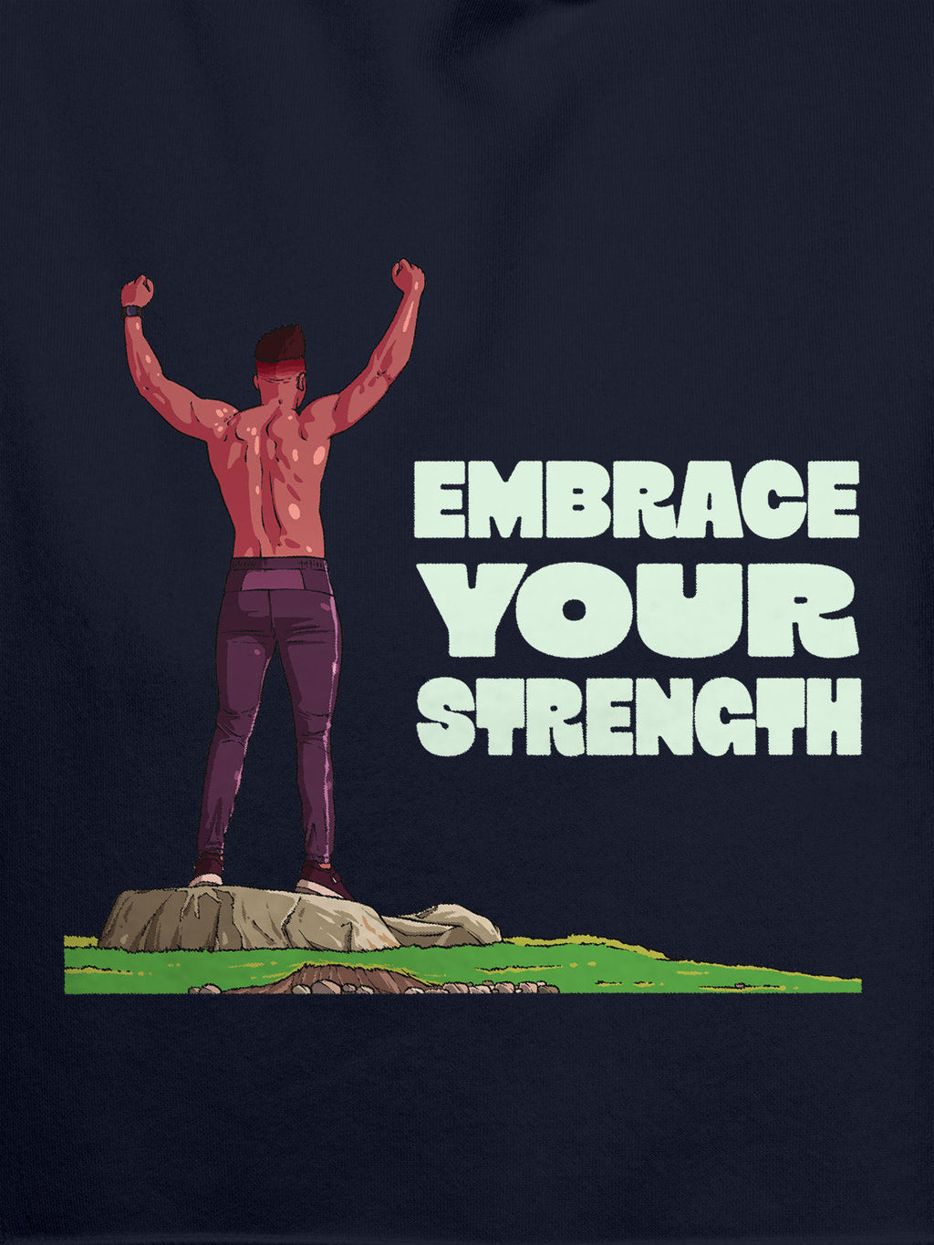 Close up of 'Embrace Your Strength' design on Men's Navy Blue Hoodie Sweatshirt, highlighting intricate details and vibrant print.