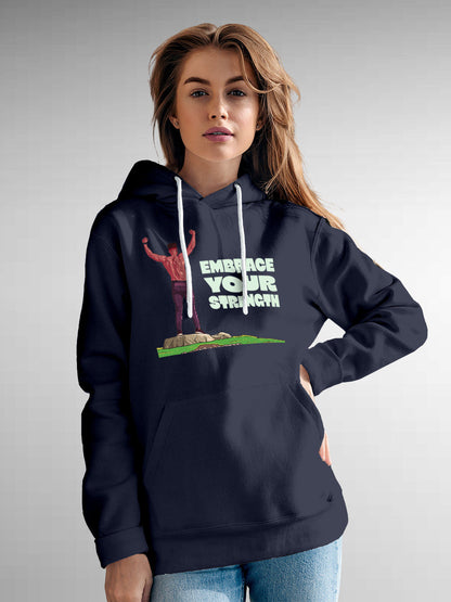 Model wearing Women's Navy Blue Hoodie Sweatshirt with 'Embrace Your Strength' design, offering effortless style and premium comfort