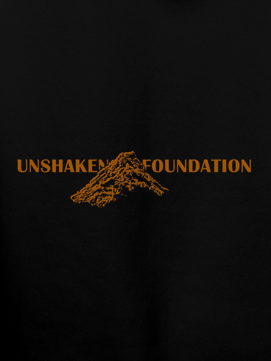 Close up of 'Unshaken Foundation' design on Men's Black Hoodie Sweatshirt, highlighting intricate details and vibrant print.