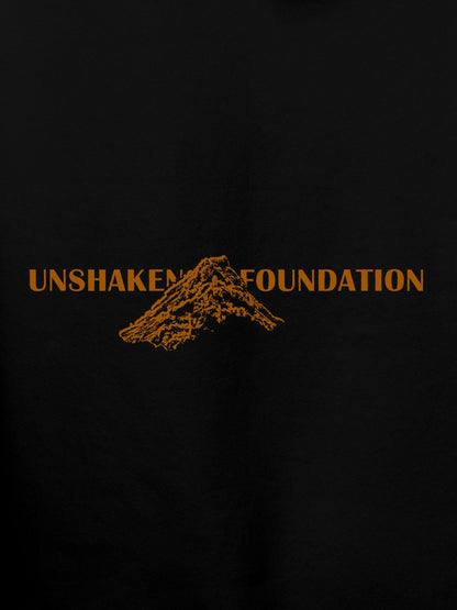 Close up of 'Unshaken Foundation' design on Men's Black Hoodie Sweatshirt, highlighting intricate details and vibrant print.