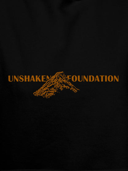Close up of 'Unshaken Foundation' design on Women's Black Hoodie Sweatshirt, highlighting intricate details and vibrant print.