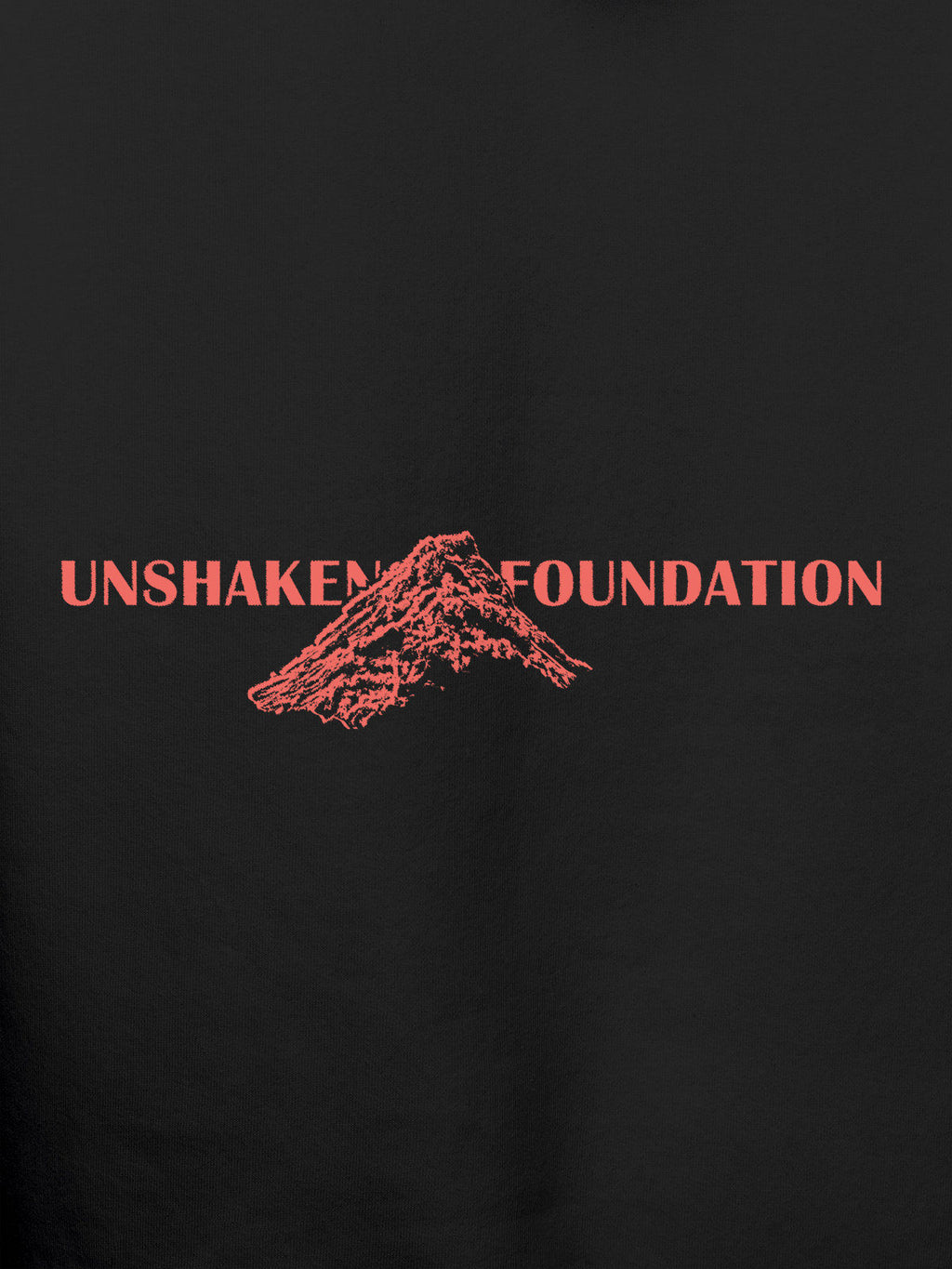Close up of 'Unshaken Foundation' design on Men's Dark Grey Hoodie Sweatshirt, highlighting intricate details and vibrant print.