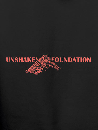 Close up of 'Unshaken Foundation' design on Men's Dark Grey Hoodie Sweatshirt, highlighting intricate details and vibrant print.