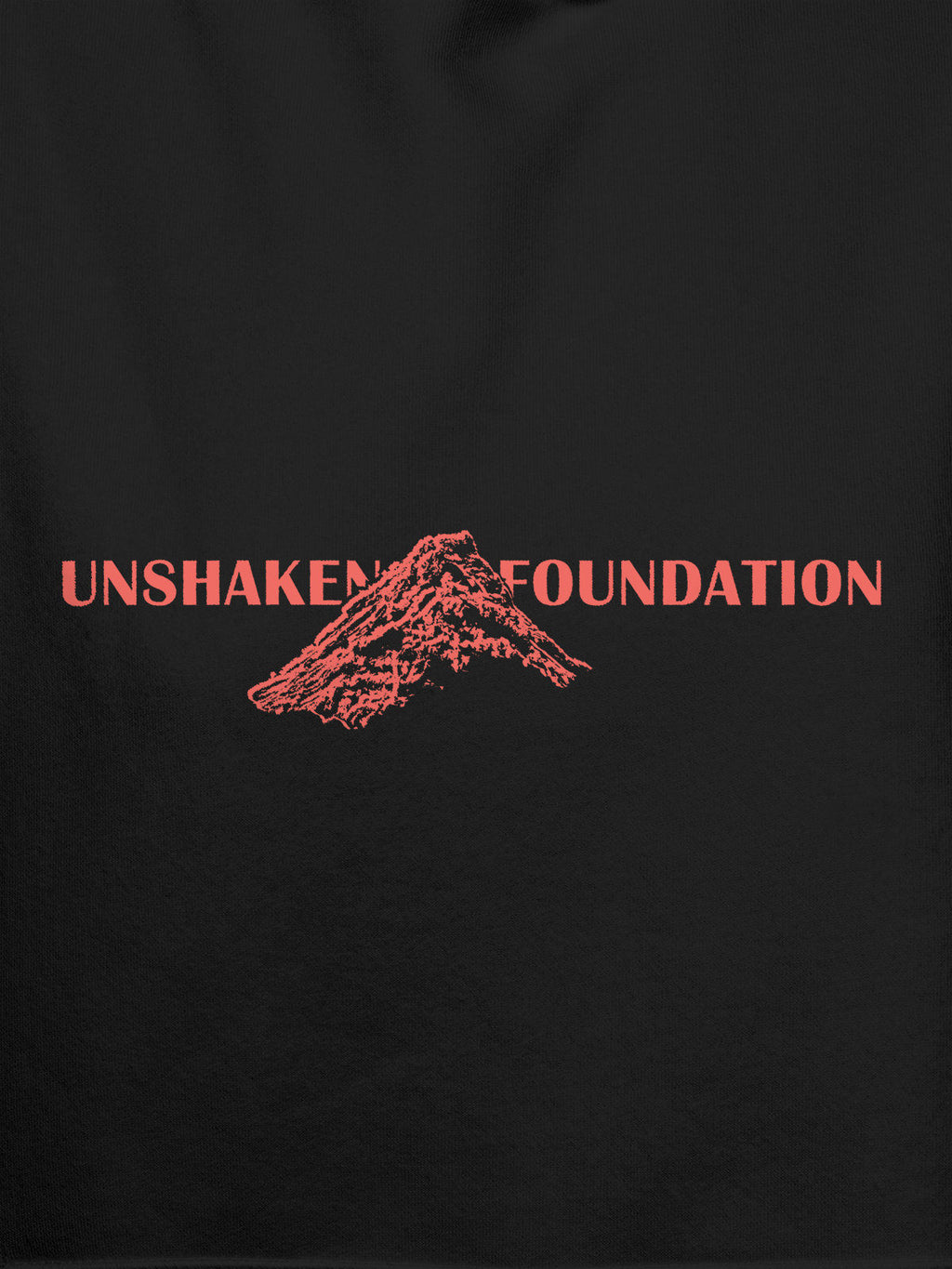 Close up of 'Unshaken Foundation' design on Women's Dark Grey Hoodie Sweatshirt, highlighting intricate details and vibrant print.
