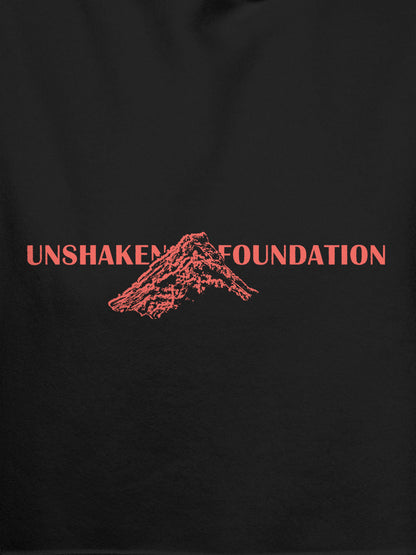 Close up of 'Unshaken Foundation' design on Women's Dark Grey Hoodie Sweatshirt, highlighting intricate details and vibrant print.