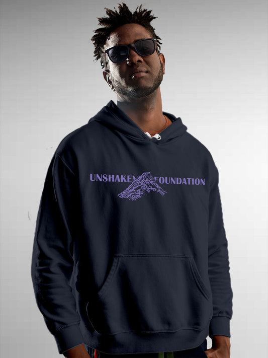 Model wearing Men's Navy Blue Hoodie Sweatshirt with 'Unshaken Foundation' design, offering effortless style and premium comfort