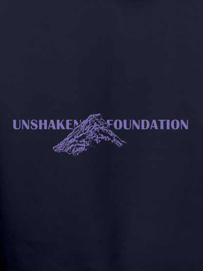 Close up of 'Unshaken Foundation' design on Men's Navy Blue Hoodie Sweatshirt, highlighting intricate details and vibrant print.