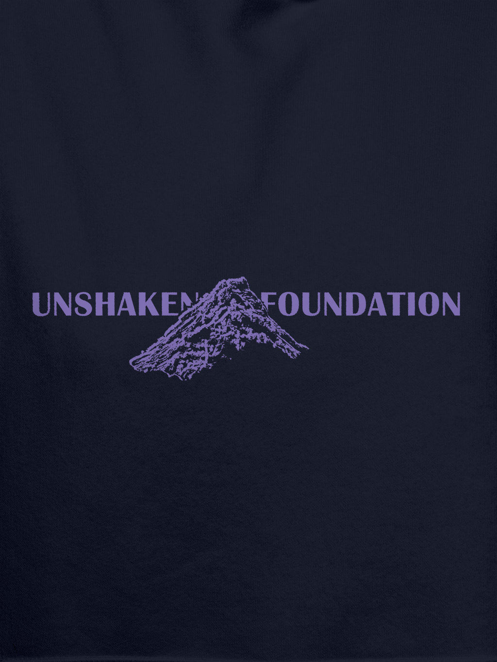 Close up of 'Unshaken Foundation' design on Women's Navy Blue Hoodie Sweatshirt, highlighting intricate details and vibrant print.