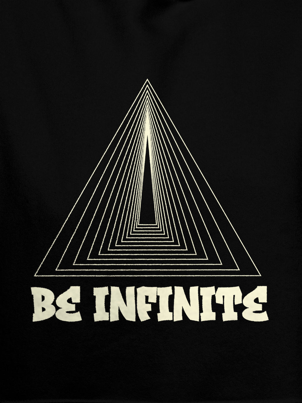 Close up of 'Be Infinite' design on Men's Black Hoodie Sweatshirt, highlighting intricate details and vibrant print.