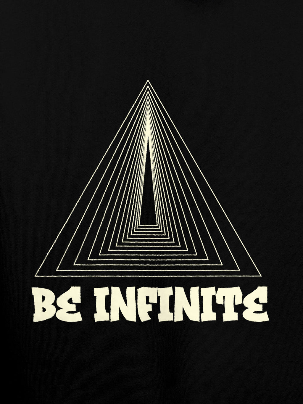 Close up of 'Be Infinite' design on Women's Black Hoodie Sweatshirt, highlighting intricate details and vibrant print.