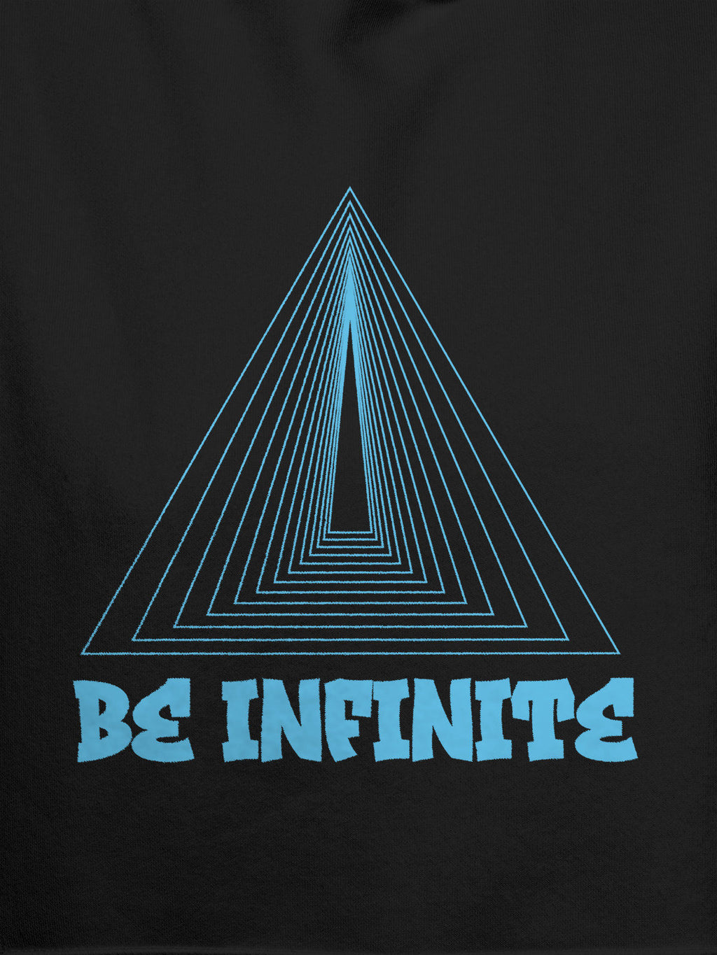 Close up of 'Be Infinite' design on Men's Dark Grey Hoodie Sweatshirt, highlighting intricate details and vibrant print.