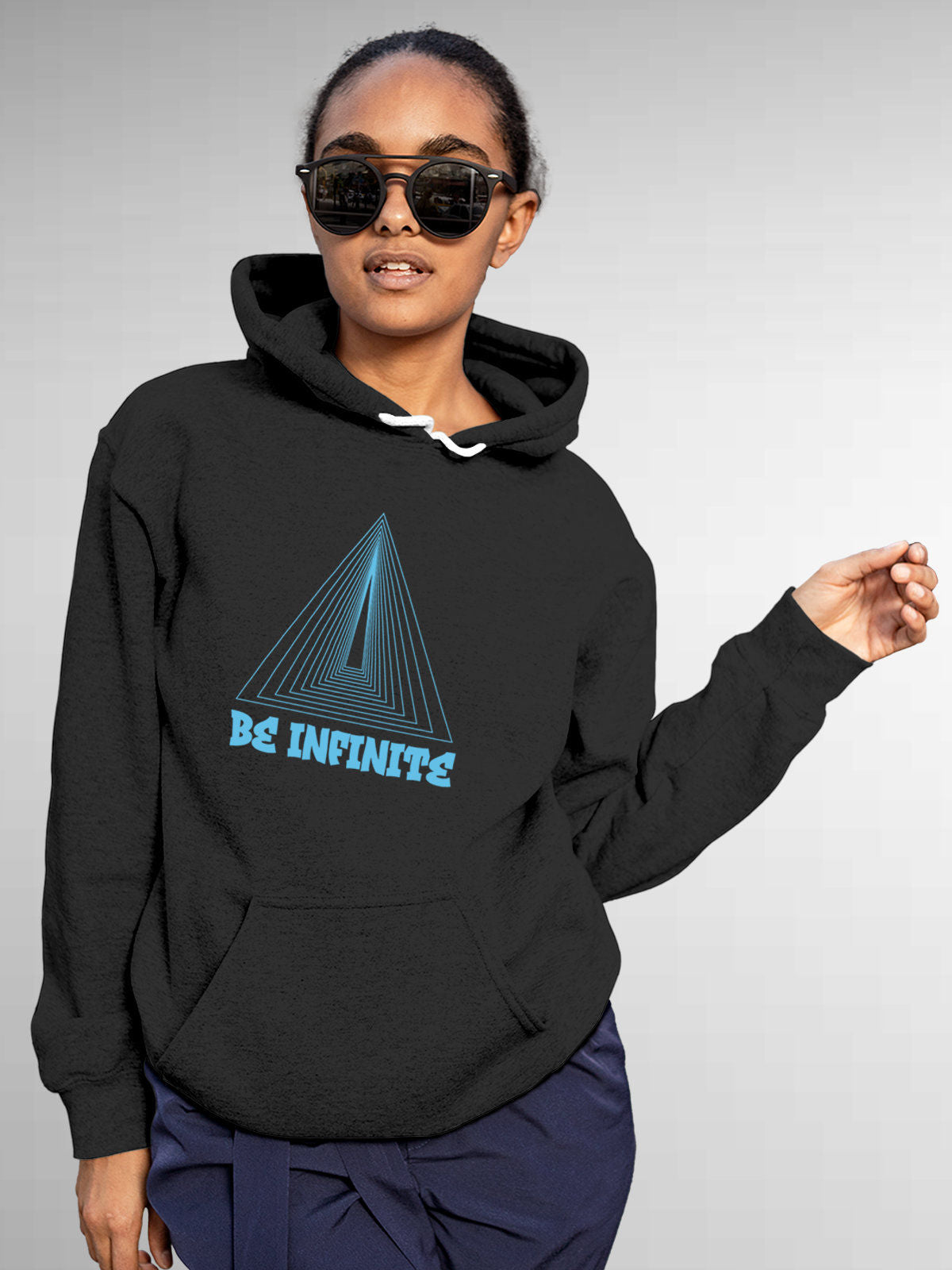 Model wearing Women's Dark Grey Hoodie Sweatshirt with 'Be Infinite' design, offering effortless style and premium comfort