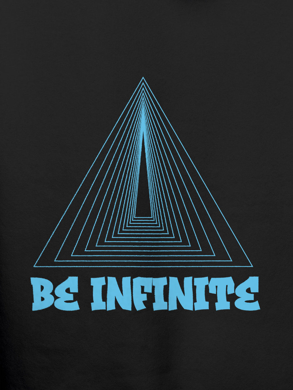 Close up of 'Be Infinite' design on Women's Dark Grey Hoodie Sweatshirt, highlighting intricate details and vibrant print.