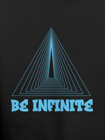 Close up of 'Be Infinite' design on Women's Dark Grey Hoodie Sweatshirt, highlighting intricate details and vibrant print.