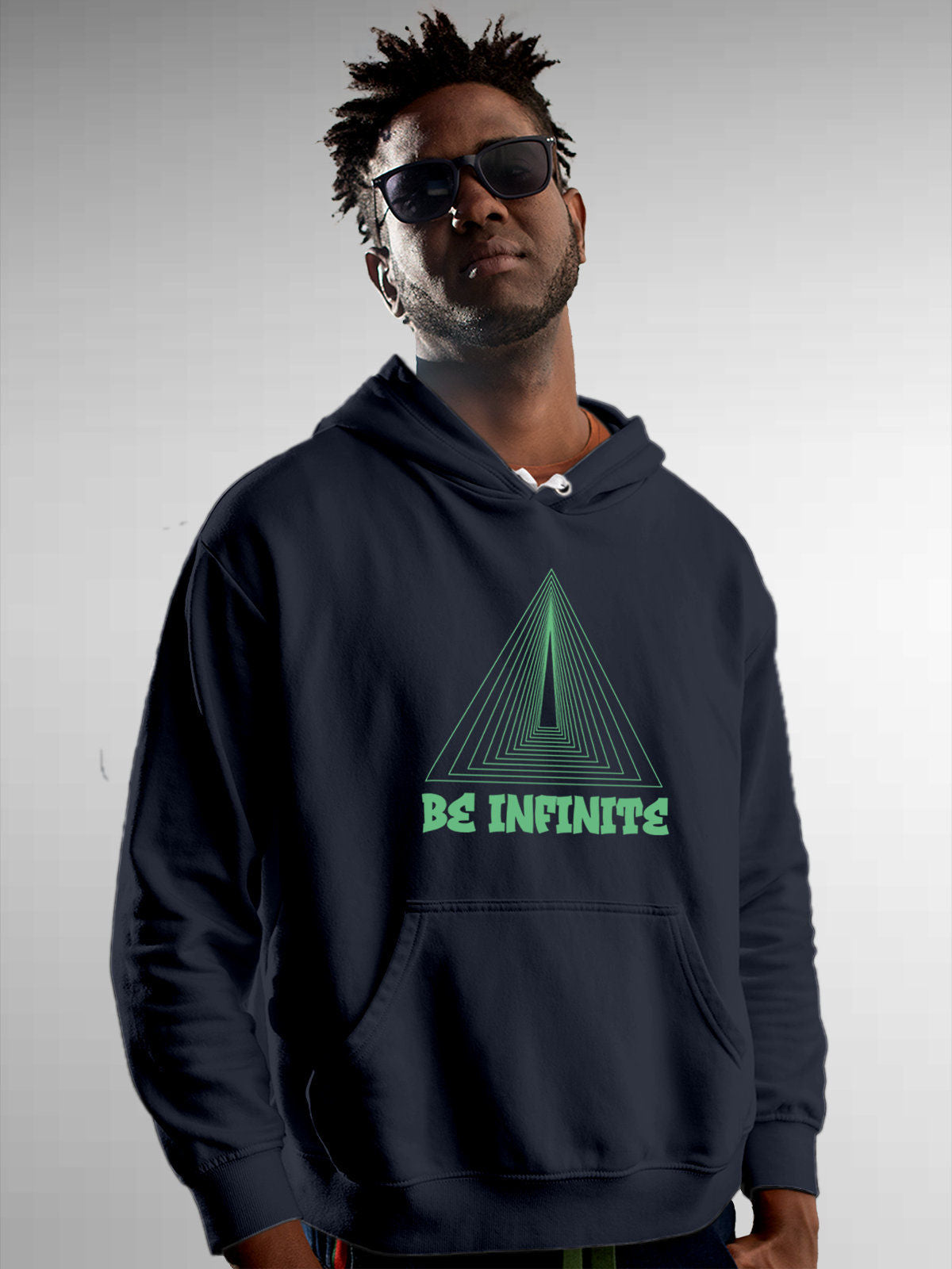 Model wearing Men's Navy Blue Hoodie Sweatshirt with 'Be Infinite' design, offering effortless style and premium comfort