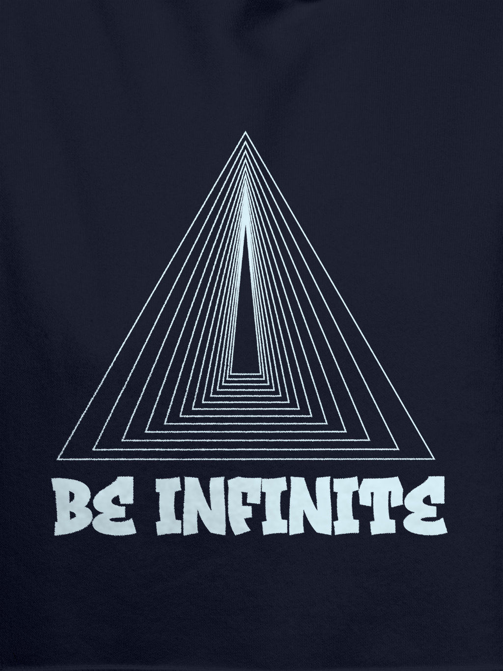 Close up of 'Be Infinite' design on Men's Navy Blue Hoodie Sweatshirt, highlighting intricate details and vibrant print.